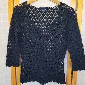 Ann Taylor Hand Knit Sweater Navy Blue Open Knit Scoop Neck Size Medium